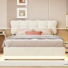 Lit Coffre 160 x 200 cm, Lit Double avec Éclairage LED, Lit Capitonné avec Rangement et Tete de lit,Velours Beige