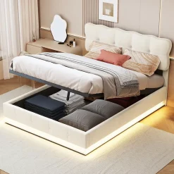 Lit Coffre 160 x 200 cm, Lit Double avec Éclairage LED, Lit Capitonné avec Rangement et Tete de lit,Velours Beige