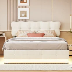Lit Coffre 160 x 200 cm, Lit Double avec Éclairage LED, Lit Capitonné avec Rangement et Tete de lit,Velours Beige