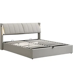 Lit coffre 160 x 200 cm,lit hydraulique,Lit rembourré, avec espace de rangement, tête de lit réglable,PU,gris