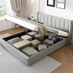 Lit coffre 160 x 200 cm,lit hydraulique,Lit rembourré, avec espace de rangement, tête de lit réglable,PU,gris