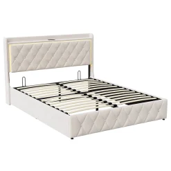lit coffre 160 x 200,lit double 160 x 200 avec sommier,Tête de lit avec chargement USB et lumières LED réglables,velours,Beige