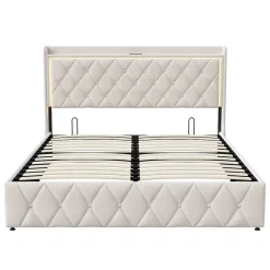 lit coffre 160 x 200,lit double 160 x 200 avec sommier,Tête de lit avec chargement USB et lumières LED réglables,velours,Beige