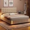 lit coffre 140 x 200,lit rembourré double avec levier hydraulique,Lumières LED au bout du lit,velours,Beige