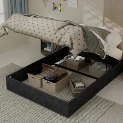 Lit Coffre Ado 140x200 cm - Lit Double Avec Vérins Hydrauliques, Bas et Moderne, Sans Tête de Lit, Sans Matelas, Velours Gris