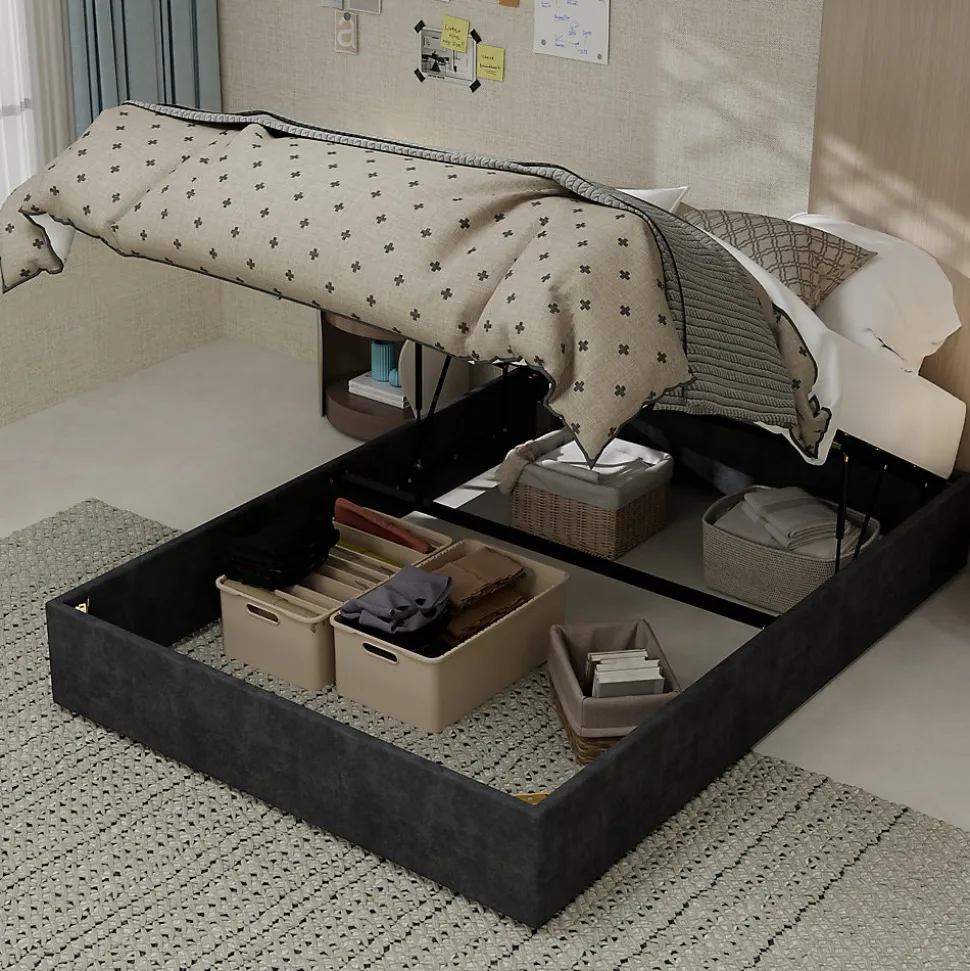 Lit Coffre Ado 140x200 cm - Lit Double Avec Vérins Hydrauliques, Bas et Moderne, Sans Tête de Lit, Sans Matelas, Velours Gris