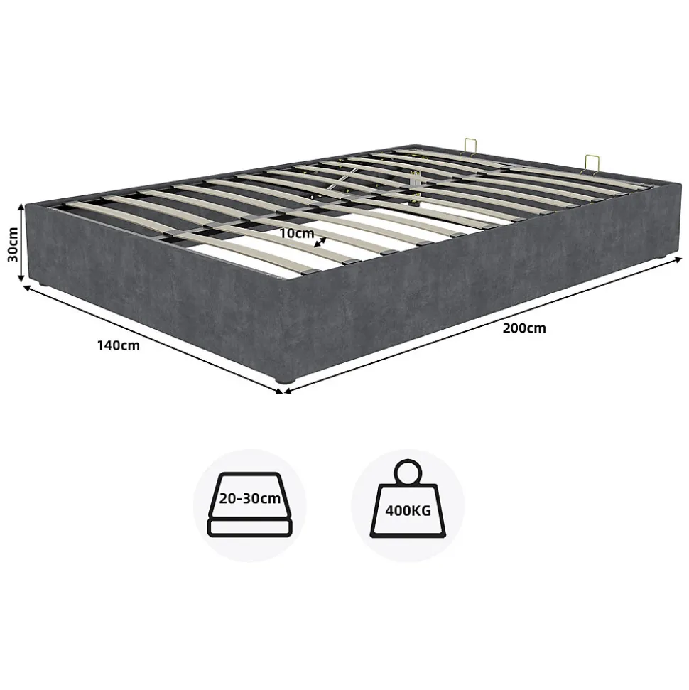 Lit Coffre Ado 140x200 cm - Lit Double Avec Vérins Hydrauliques, Bas et Moderne, Sans Tête de Lit, Sans Matelas, Velours Gris