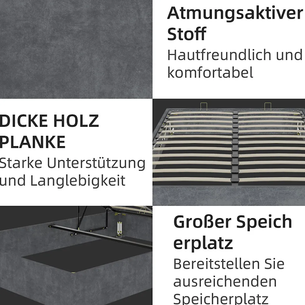 Lit Coffre Ado 140x200 cm - Lit Double Avec Vérins Hydrauliques, Bas et Moderne, Sans Tête de Lit, Sans Matelas, Velours Gris