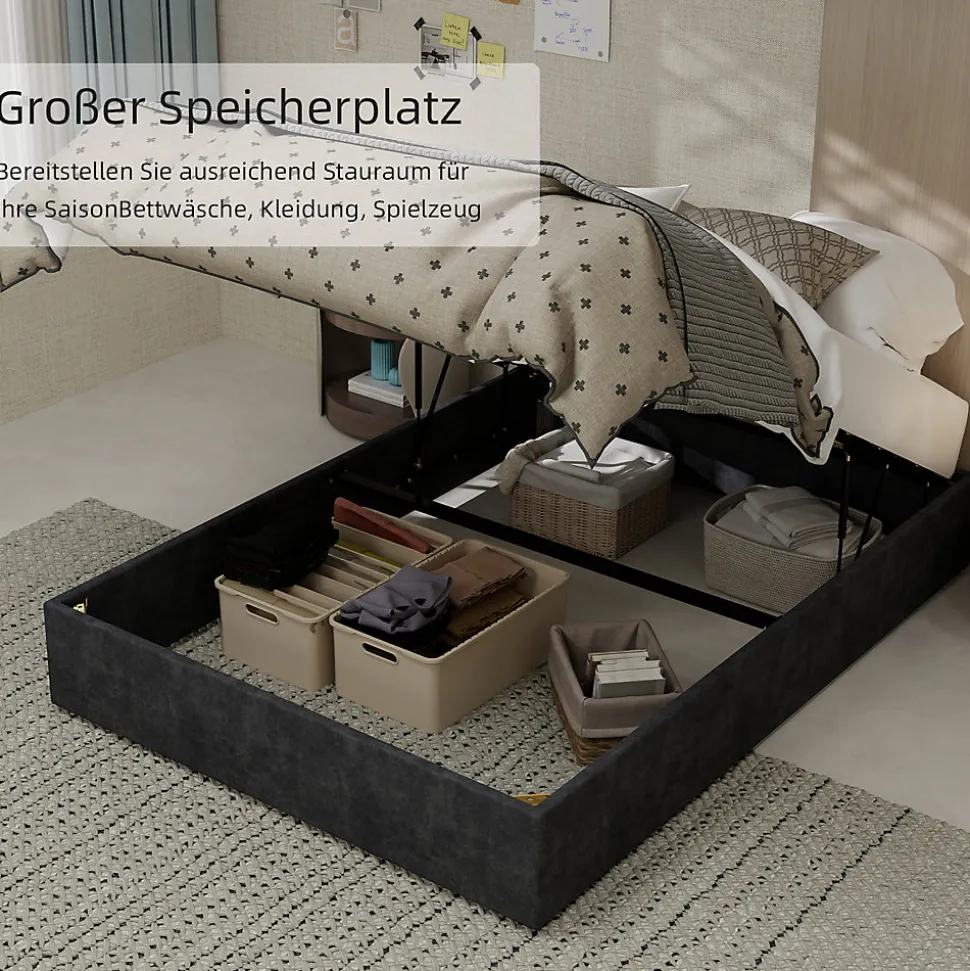 Lit Coffre Ado 140x200 cm - Lit Double Avec Vérins Hydrauliques, Bas et Moderne, Sans Tête de Lit, Sans Matelas, Velours Gris