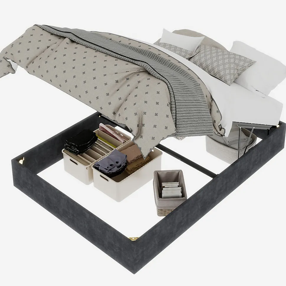 Lit Coffre Ado 140x200 cm - Lit Double Avec Vérins Hydrauliques, Bas et Moderne, Sans Tête de Lit, Sans Matelas, Velours Gris