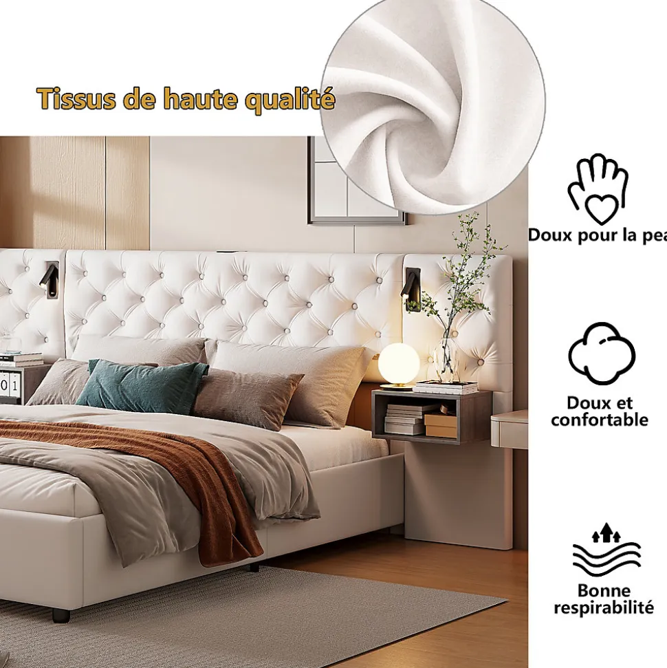 Lit Coffre Adulte 140x200 Cm Avec Tête De Lit, Liseuse, Port USB, 2 Tables De Chevet, Velours, Blanc