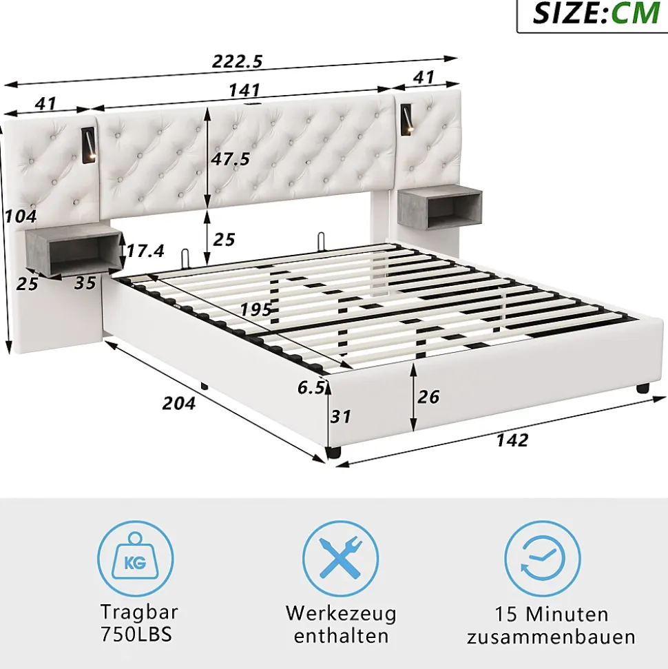 Lit Coffre Adulte 140x200 Cm Avec Tête De Lit, Liseuse, Port USB, 2 Tables De Chevet, Velours, Blanc
