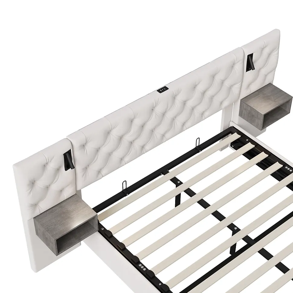 Lit Coffre Adulte 140x200 Cm Avec Tête De Lit, Liseuse, Port USB, 2 Tables De Chevet, Velours, Blanc
