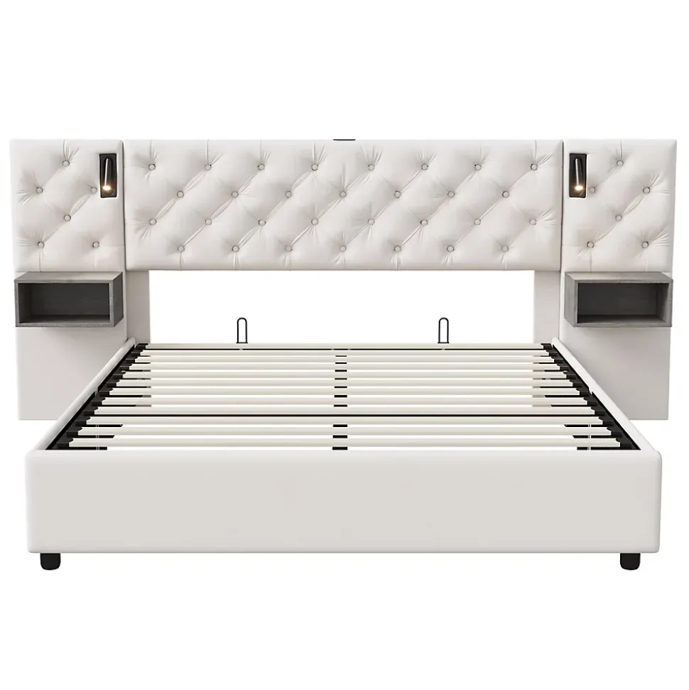 Lit Coffre Adulte 140x200 Cm Avec Tête De Lit, Liseuse, Port USB, 2 Tables De Chevet, Velours, Blanc