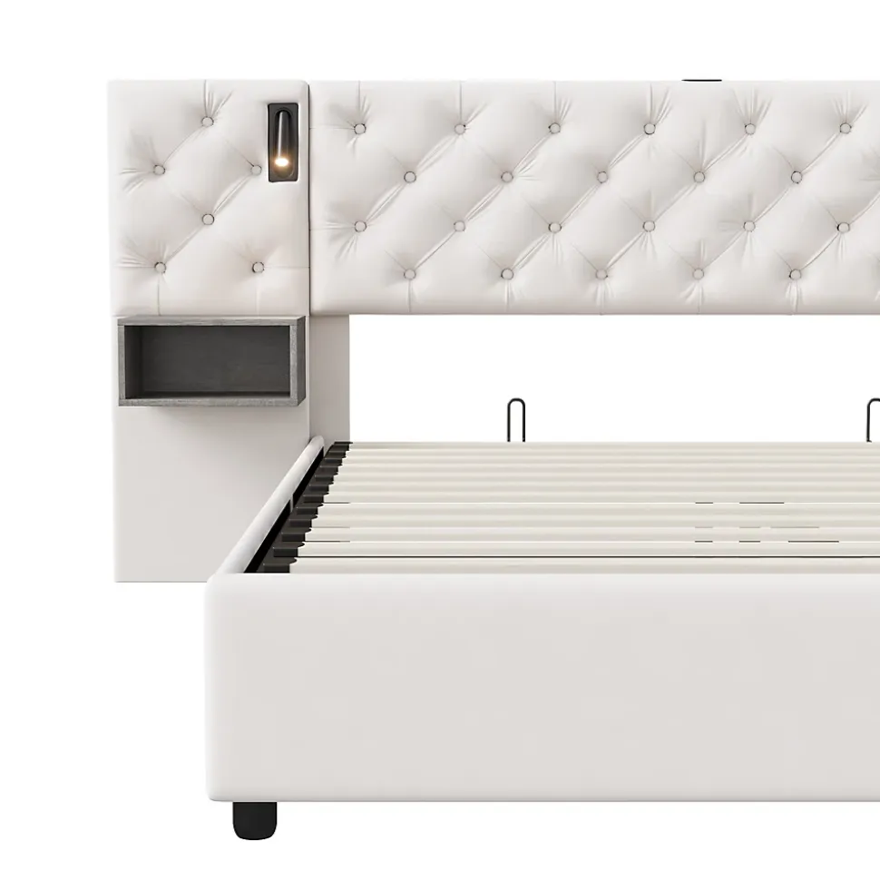 Lit Coffre Adulte 140x200 Cm Avec Tête De Lit, Liseuse, Port USB, 2 Tables De Chevet, Velours, Blanc