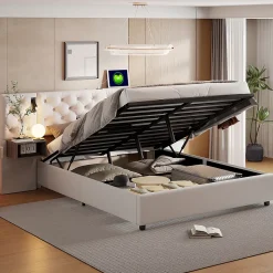 Lit Coffre Adulte 140x200 Cm Avec Tête De Lit, Liseuse, Port USB, 2 Tables De Chevet, Velours, Blanc