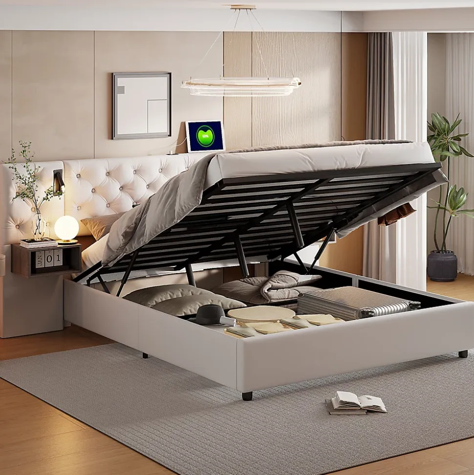 Lit Coffre Adulte 140x200 Cm Avec Tête De Lit, Liseuse, Port USB, 2 Tables De Chevet, Velours, Blanc