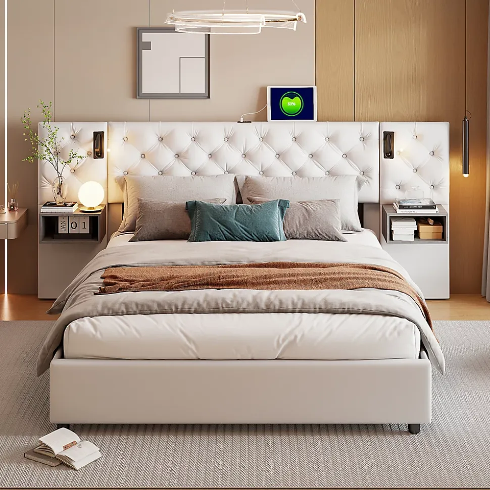 Lit Coffre Adulte 140x200 Cm Avec Tête De Lit, Liseuse, Port USB, 2 Tables De Chevet, Velours, Blanc