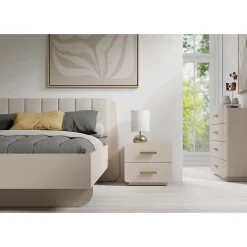 Lit coffre AMALIE 160x200 cm Tete tapissée tissu beige Sommier inclus Matelas non inclus