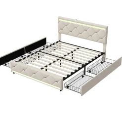 Lit coffre avec 4 tiroirs, LED multicolores et port USB, 140x190 cm, Velours blanc cassé design moderne