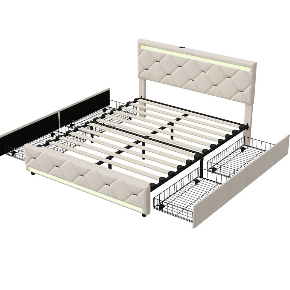 Lit coffre avec 4 tiroirs, LED multicolores et port USB, 140x190 cm, Velours blanc cassé design moderne