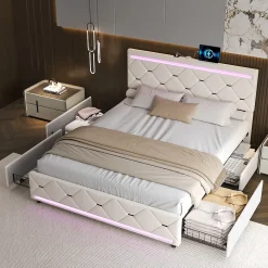 Lit coffre avec 4 tiroirs, LED multicolores et port USB, 140x190 cm, Velours blanc cassé design moderne