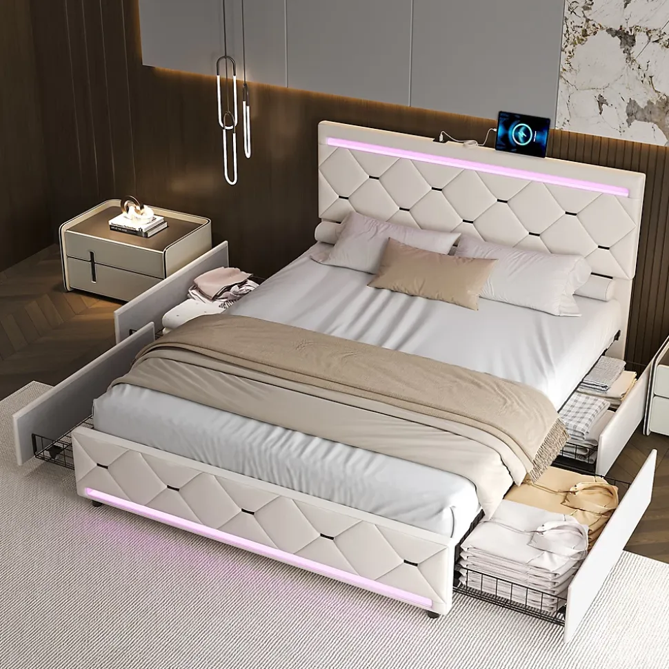 Lit coffre avec 4 tiroirs, LED multicolores et port USB, 140x190 cm, Velours blanc cassé design moderne