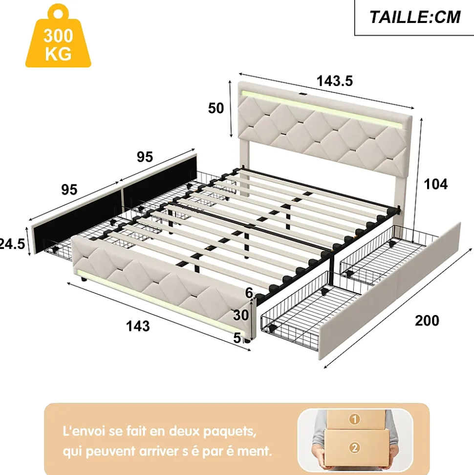 Lit coffre avec 4 tiroirs, LED multicolores et port USB, 140x190 cm, Velours blanc cassé design moderne
