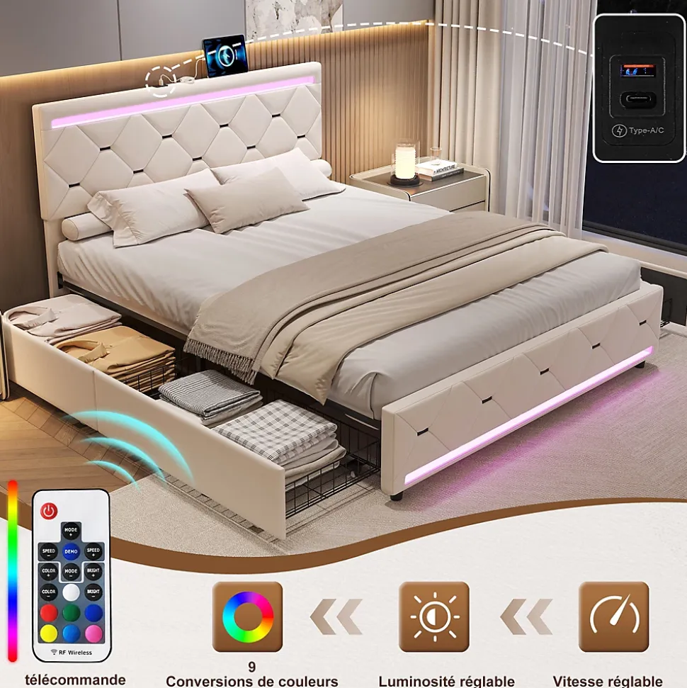 Lit coffre avec 4 tiroirs, LED multicolores et port USB, 140x190 cm, Velours blanc cassé design moderne