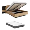 Lit coffre avec chevets 160 x 200 cm - Avec LEDs - Coloris : Naturel et noir + Matelas - JUVISIA