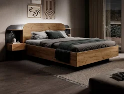 Lit coffre avec chevets 160 x 200 cm - Avec LEDs - Coloris : Naturel et noir + Matelas - JUVISIA