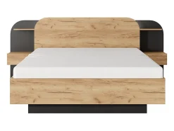 Lit coffre avec chevets 160 x 200 cm - Avec LEDs - Coloris : Naturel et noir + Matelas - JUVISIA