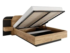 Lit coffre avec chevets 160 x 200 cm - Avec LEDs - Coloris : Naturel et noir + Matelas - JUVISIA