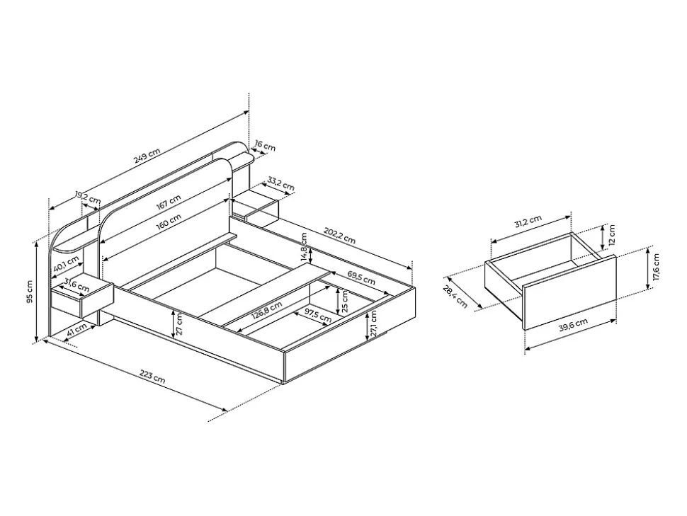 Lit coffre avec chevets 160 x 200 cm - Avec LEDs - Coloris : Naturel et noir - JUVISIA