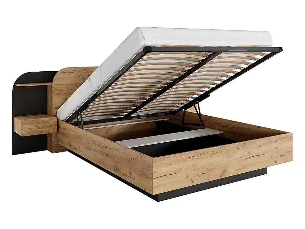 Lit coffre avec chevets 160 x 200 cm - Avec LEDs - Coloris : Naturel et noir - JUVISIA