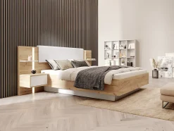 Lit coffre avec chevets 160 x 200 cm - Avec LEDs - Coloris : Naturel et blanc + Matelas - ELYNIA