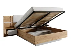 Lit coffre avec chevets 160 x 200 cm - Avec LEDs - Coloris : Naturel et blanc + Matelas - ELYNIA