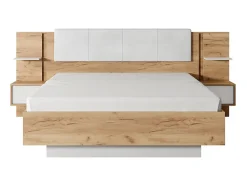 Lit coffre avec chevets 160 x 200 cm - Avec LEDs - Coloris : Naturel et blanc + Matelas - ELYNIA