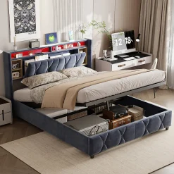 Lit Coffre Avec LED Et USB, Lit Tapissé 160x200, Tissu Velours, Sommier à Lattes En Bois Massif,gris