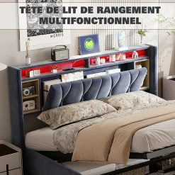 Lit Coffre Avec LED Et USB, Lit Tapissé 160x200, Tissu Velours, Sommier à Lattes En Bois Massif,gris