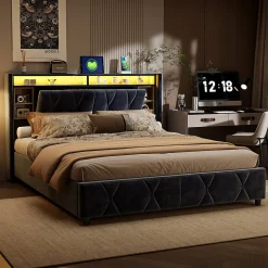 Lit Coffre Avec LED Et USB, Lit Tapissé 160x200, Tissu Velours, Sommier à Lattes En Bois Massif,gris