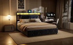 Lit Coffre Avec LED Et USB, Lit Tapissé 160x200, Tissu Velours, Sommier à Lattes En Bois Massif,gris