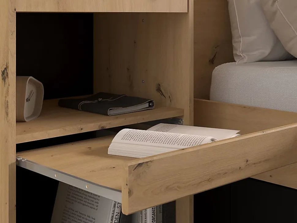 Lit coffre avec pont 140 x 190 cm - Coloris : Naturel et noir + Matelas - LUDARO