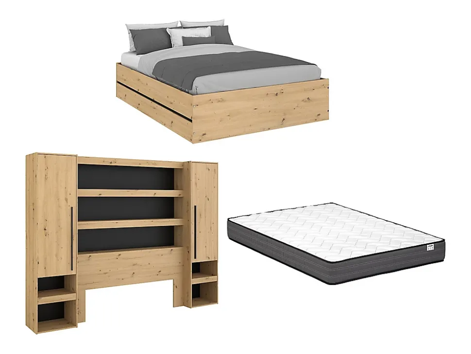 Lit coffre avec pont 140 x 190 cm - Coloris : Naturel et noir + Matelas - LUDARO