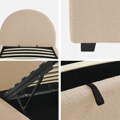 Lit coffre avec sommier à lattes et tête de lit. finition bouclette. nude. L 206 x P 104 x H 102cm