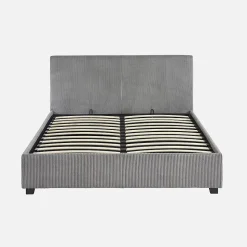 Lit coffre avec sommier à lattes et tête de lit. finition velours côtelé gris. L 202 x P 148 x H 86cm