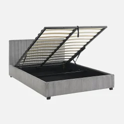 Lit coffre avec sommier à lattes et tête de lit. finition velours côtelé gris. L 202 x P 148 x H 86cm