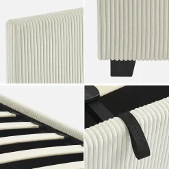 Lit coffre avec sommier à lattes et tête de lit. finition velours côtelé blanc. L 211 x P 168 x H 86cm