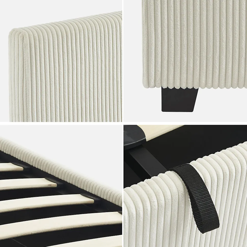 Lit coffre avec sommier à lattes et tête de lit. finition velours côtelé blanc. L 211 x P 168 x H 86cm