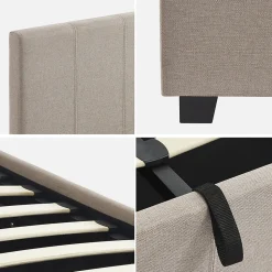 Lit coffre avec sommier à lattes et tête de lit. finition tissu beige. L 202 x P 148 x H 86cm